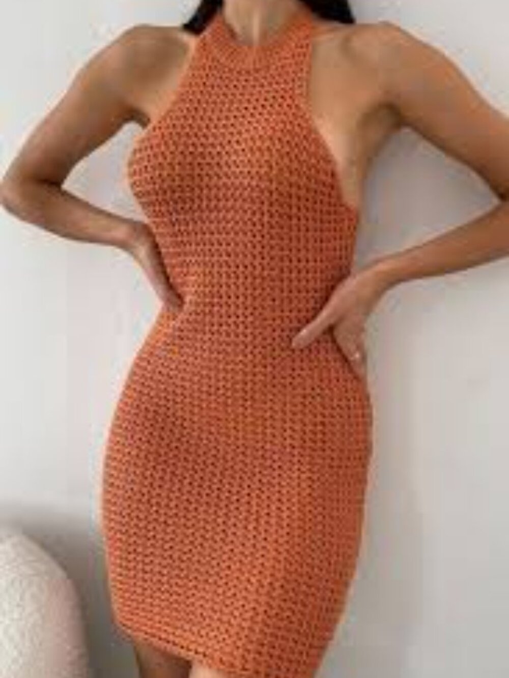 Meshki Burnt Orange Open Weave Crochet Halter Bodycon Night Out Party Dress SZ M